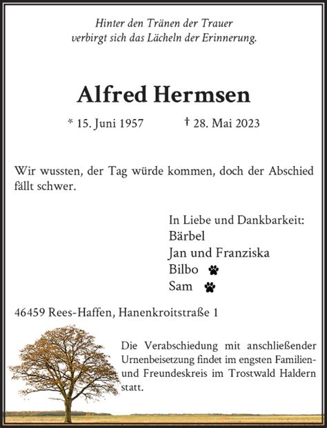 Alle Traueranzeigen F R Alfred Hermsen Trauer Rp Online De