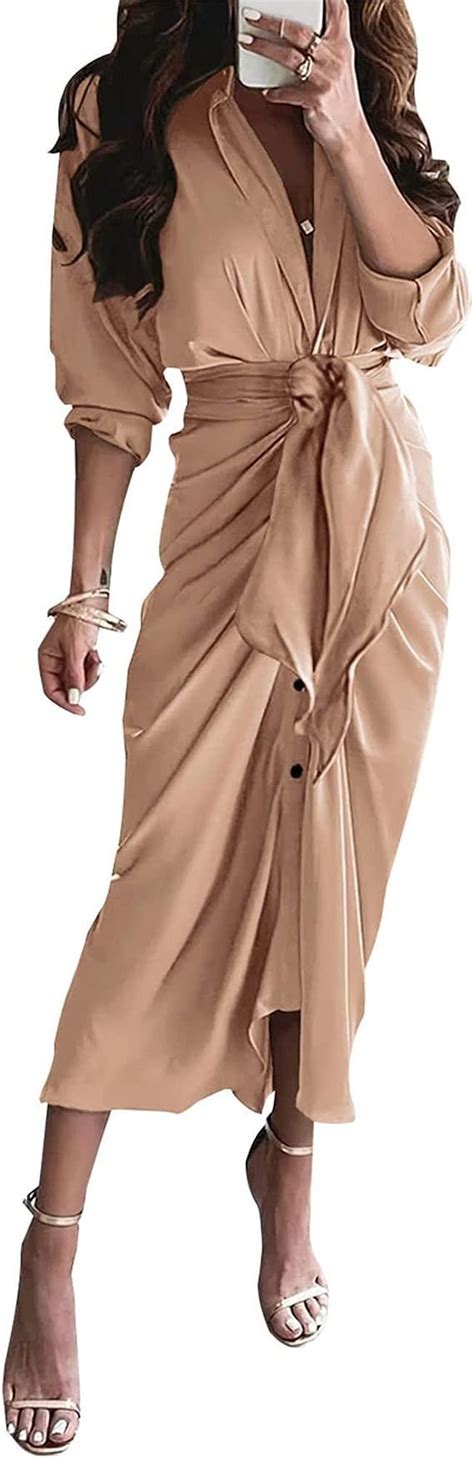 Btfbm Women Long Sleeve Lapel V Neck Button Down Satin Dress