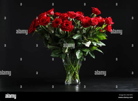 Vase With Beautiful Red Rose Flowers On Black Background Stock Photo