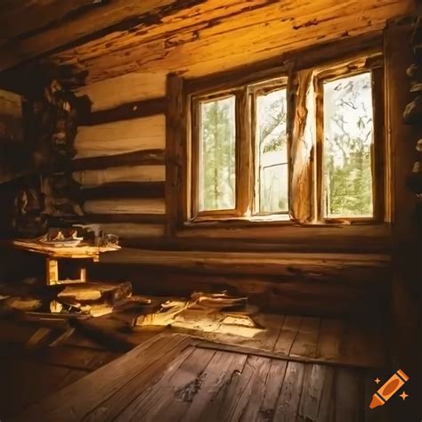 Wide View Of Rustic Vintage Cabin Interior With Morning Forest View On