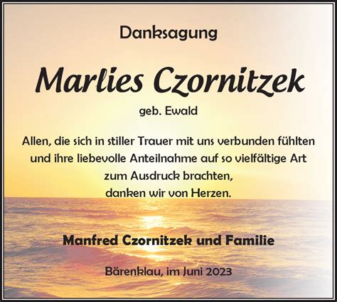 Traueranzeigen von Marlies Czornitzek Märkische Onlinezeitung