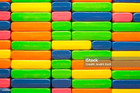 Childrens Constructor Big Pile Plastic Toy Blocks Background Of Bright