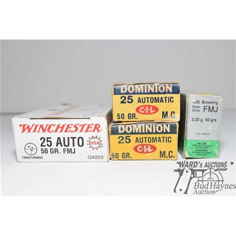 Vintage 50 Count Box W 47 Rounds Of Dominion 25 Auto 50 Gr Mc Vintage 50 Count Box W 9 Reloads O