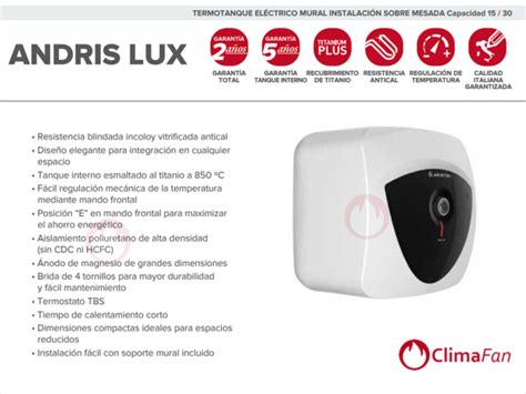 Termotanque El Ctrico Ariston Andris Lux De Litros Climafan