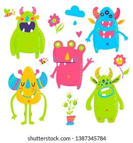 Cute Cartoon Monsters Collection Vector Set Stock Vector Royalty Free