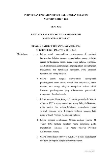 Peraturan Daerah Propinsi Kalimantan Selatan Nomor Tahun