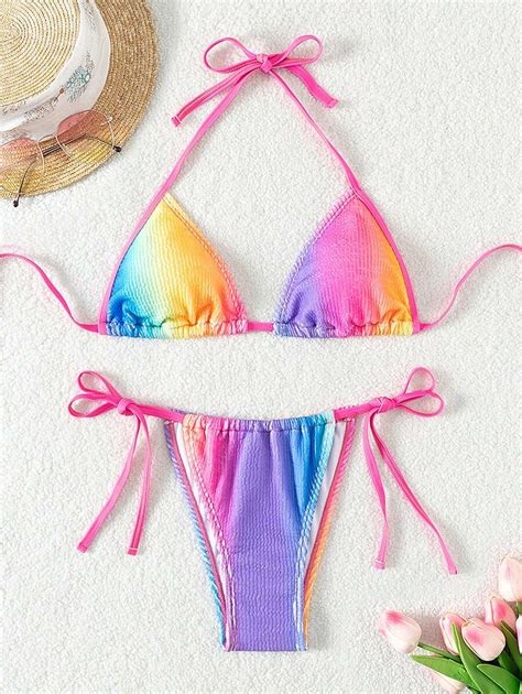 SHEIN Swim Conjunto De Bikini De Triángulo De Copa Degradada Con Nudo