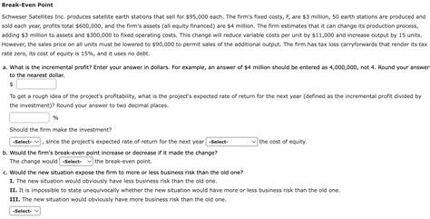 Solved Break Even Point Schweser Satellites Inc Produces