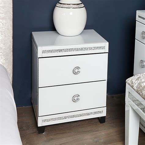 Crystalline White Glass Mirrored 2 Drawer Bedside Cabinet Table Picture Perfect Home