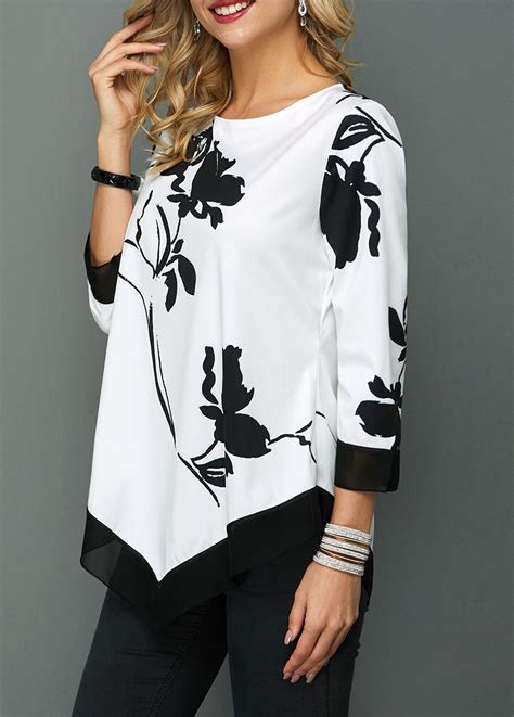 Round Neck Flower Print Asymmetric Hem T Shirt Modlily Usd