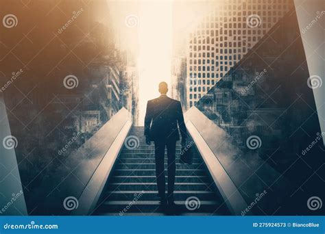 Rear View Businessman Climbing Stair Concept With Double Exposure