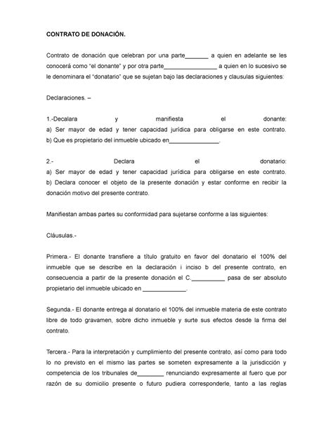 Formato Contratos Contrato De Donaci N Contrato De Donaci N Que