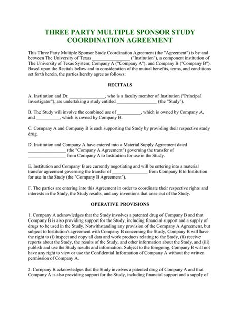 Three Party Multiple Sponsor Study Coordination Agreement Docx