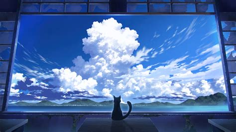 Cat Anime Clouds Sky Scenery 4K 8350i Wallpaper PC Desktop