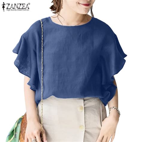 Zanzea Women Korean Off Shoulder Ruffle Sleeves Split Neck Round Neck Half Sleeve Blouses