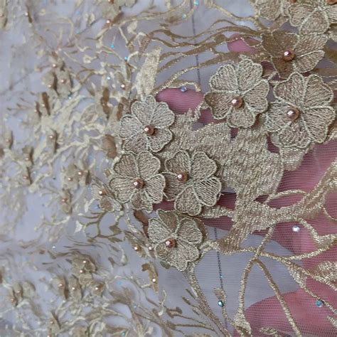 Gold Color French Net Lace Fabric With Stones Beads D Flowers African