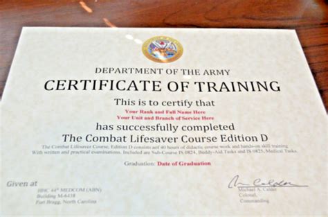 Army Combat Lifesaver Course Edition D Certificate Of Training Ebay