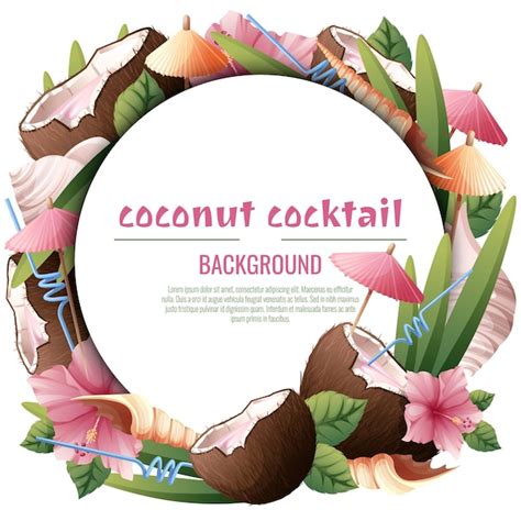 Premium Vector Background With Coconut Cocktails Umbrellas Hibiscus Flowers Seashells Postcard