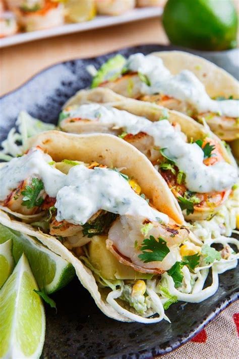 Cilantro Lime Shrimp Tacos With Roasted Corn Slaw And Roasted Jalapeno