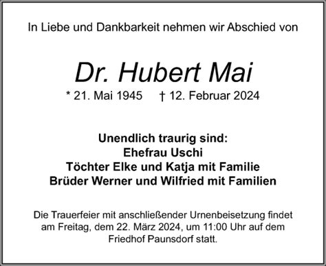 Traueranzeigen Von Hubert Mai Trauer Anzeigen De