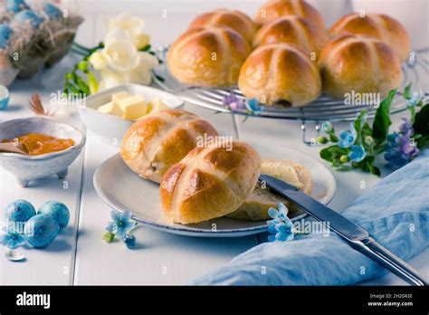 English Hot Cross Buns With Butter And Jam For Easter Stock Photo Alamy