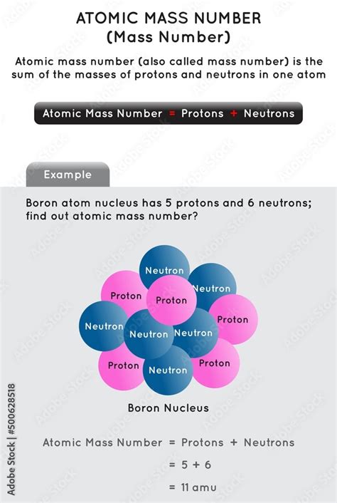 Atomic Mass Number Infographic Diagram With Theory Formula And Example Of Boron Nucleus Showing