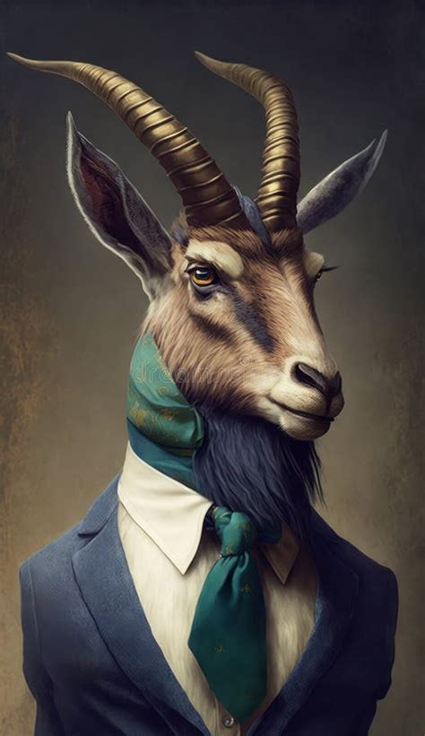 Realistic Portrait Illustration Art Showcasing Cute Ibex Wearing Bow