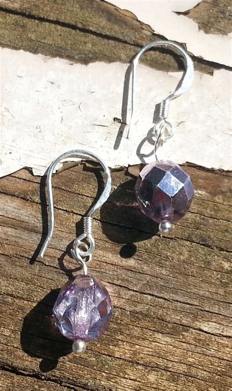 Sterling Silver Earrings Crystal Faceted Purple Grey Beads 925 Spoil