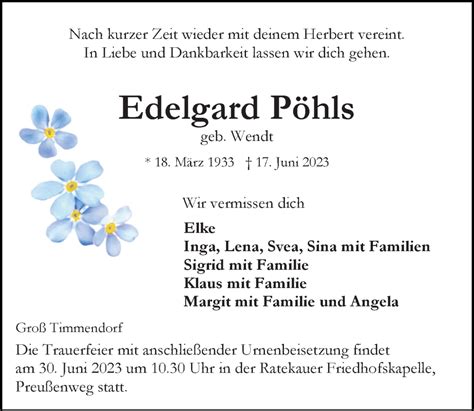 Traueranzeigen von Edelgard Pöhls trauer anzeigen de