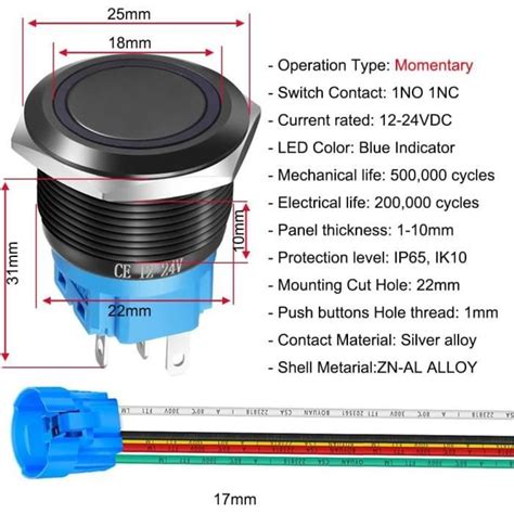 Bouton Poussoir Momentan En Acier Inoxydable Mm V V Led No Nc