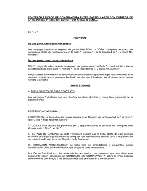 Contrato Privado De Compraventa Entre Particulares Con Entrega De