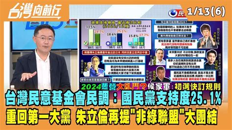 2023 01 13【台灣向前行 Part6】台灣民意基金會最新民調：國民黨支持度25 1 重回第一大黨 朱立倫再提 非綠聯盟 大團結 Youtube