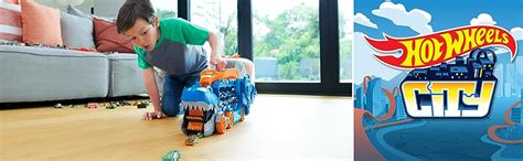 Amazon Hot Wheels City Toy Car Track Set Ultimate T Rex Transporter Dinosaur Hauler For