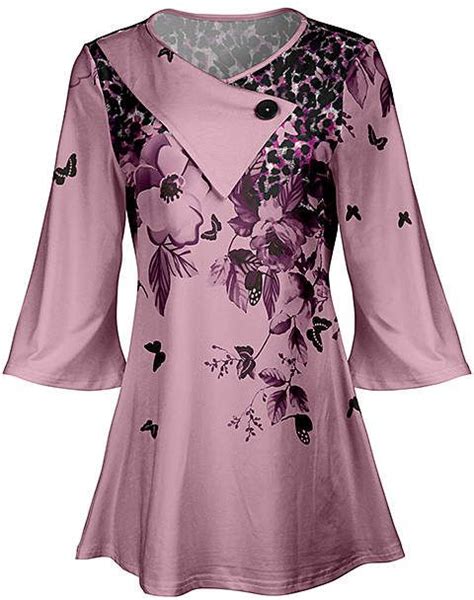 Lily Womens Tunics Lvn Lavender And Black Floral Wide Sleeve Cowl Neck