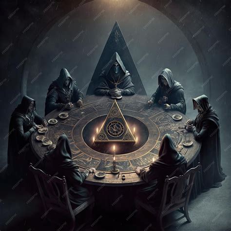 Illuminati secret society en una mesa redonda haciendo movimientos para