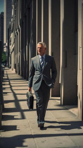 Side View Of A Mature Businessman Walking On Pavement Premium AI