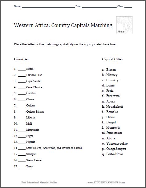 Western Africa Country Capitals Matching Worksheet | Student Handouts