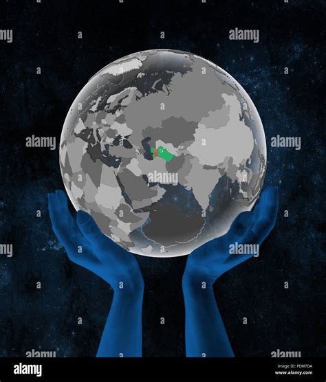 Turkmenistan With Flag On Translucent Globe In Hands In Space 3D