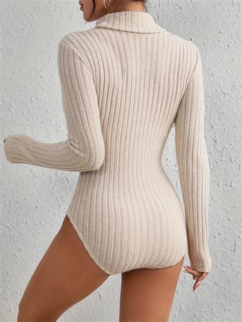 Solid Turtle Neck Rib Knit Bodysuit Elegant Long Sleeve Slim Temu