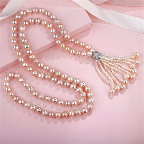 Women Fashion Pink Freshwater Pearl Necklace Long Tassels Sweater Chain