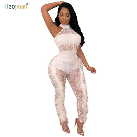 Haoyuan Black Sexy See Through Mesh Jumpsuits Overalls For Women Off