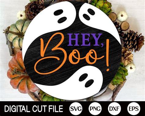 Hey Boo With Ghost Welcome Sign Svg Halloween Door Hanger Etsy