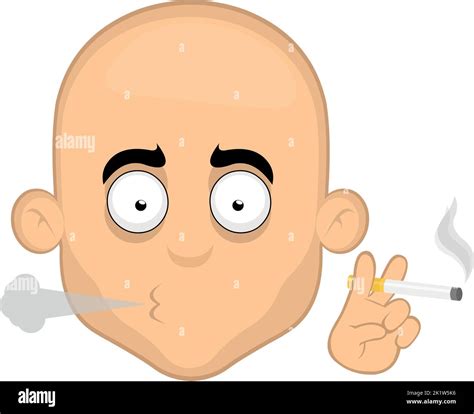 Vector Illustration Of The Face Of A Cartoon Bald Man Smoking With A