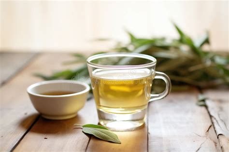 Glass Cup With Steaming Sage Tea Fresh Sage Leaves On The Side Stock