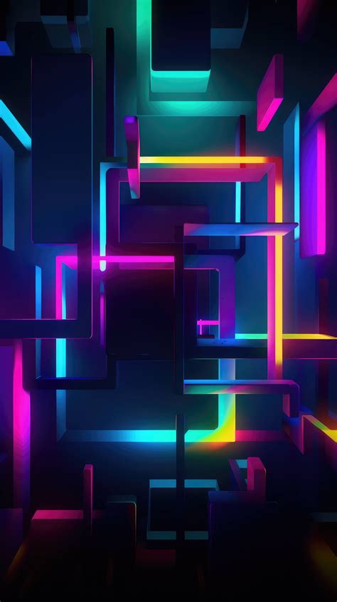 a 3D abstract wallpaper with neon-colored geometric shapes floating in space