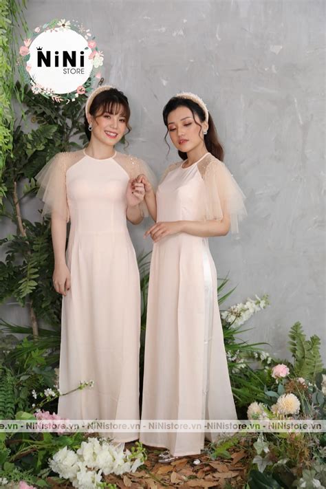 Áo dài bưng quả nữ hồng nude đính ngọc trai BNU NiNiStore