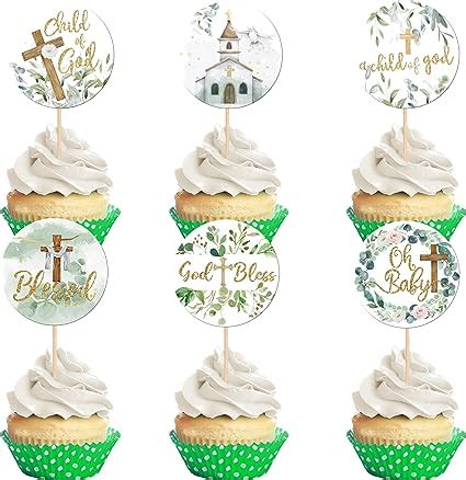 Amazon 36 PCS Greenery Baptism Cupcake Toppers Floral Leaves God