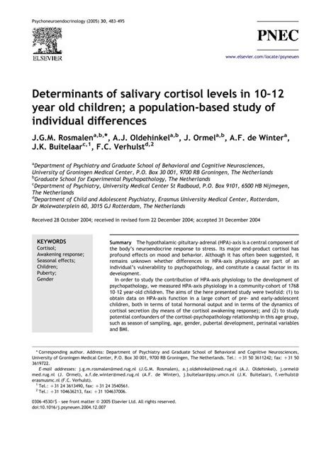 Pdf Determinants Of Salivary Cortisol Levels In Year Old