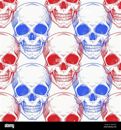 Human Scull Color Seamless Pattern Hand Drawn Vector Skeleton Illustration Engraved Style