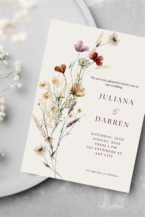 Wildflower Wedding Invitation Card Template Summer Spring Wedding